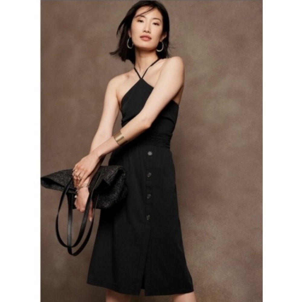 Banana Republic 2022 Women's Strappy Halter Midi Dress Button Front Black Size 2